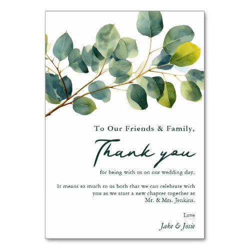 Eucalyptus branch Wedding Table thank you card