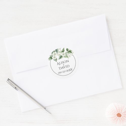 Eucalyptus branch white flowers floral wedding classic round sticker