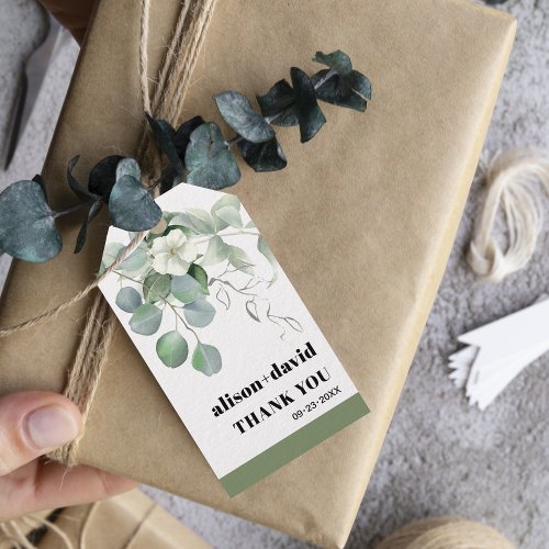 Eucalyptus branch white flowers typography wedding gift tags