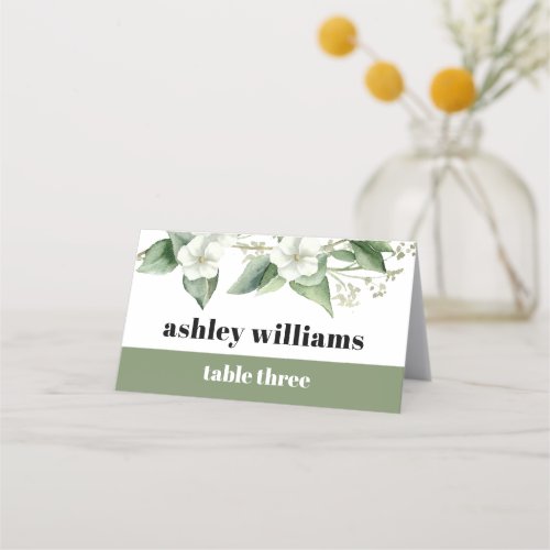 Eucalyptus branch white flowers typography wedding place card