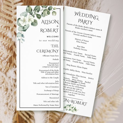 Eucalyptus branch white flowers wedding program