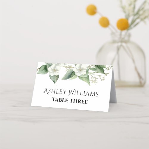 Eucalyptus branch with white flowers wedding place card