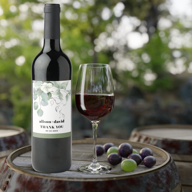 Eucalyptus branch with white flowers wedding wine label (Creator Uploaded)