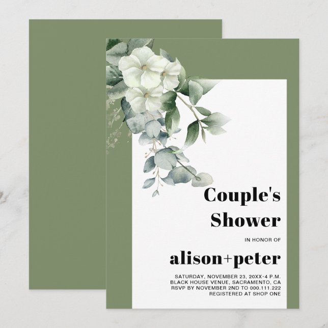Eucalyptus branches, flowers couple's shower invitation (Front/Back)