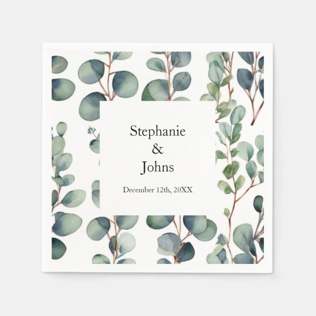 Eucalyptus Branches Green Dusty Blue Artsy Wedding Napkins (Front)