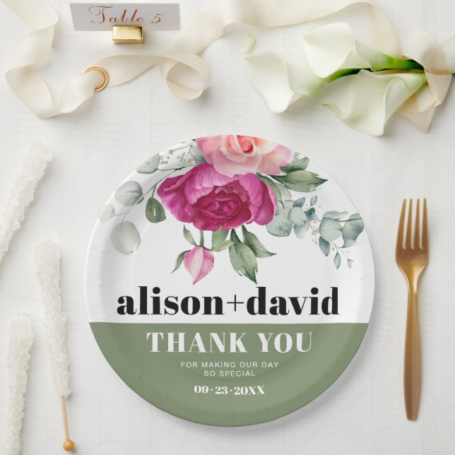 Eucalyptus branches with pink roses floral wedding paper plates (Wedding)