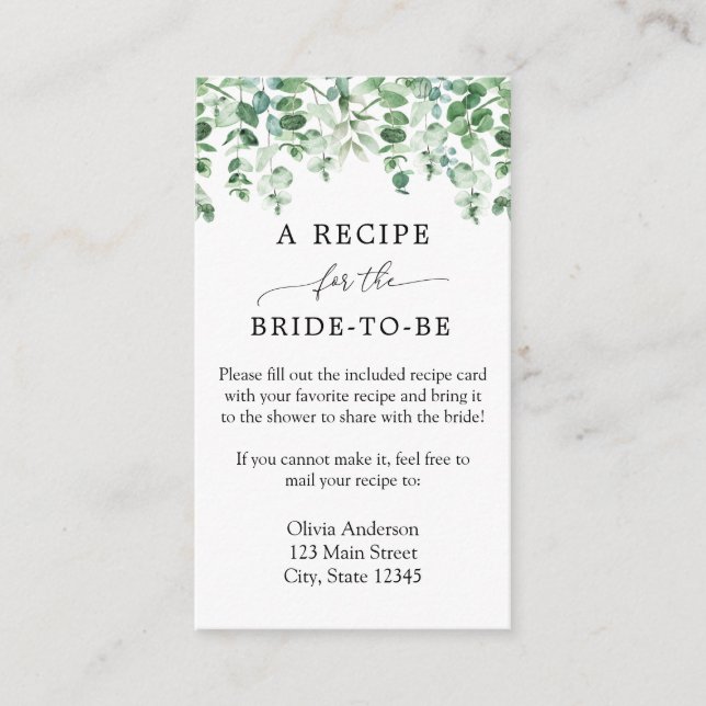 Eucalyptus Bridal Recipe Request Enclosure Card (Front)