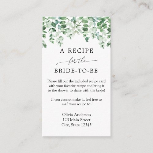 Eucalyptus Bridal Recipe Request Enclosure Card
