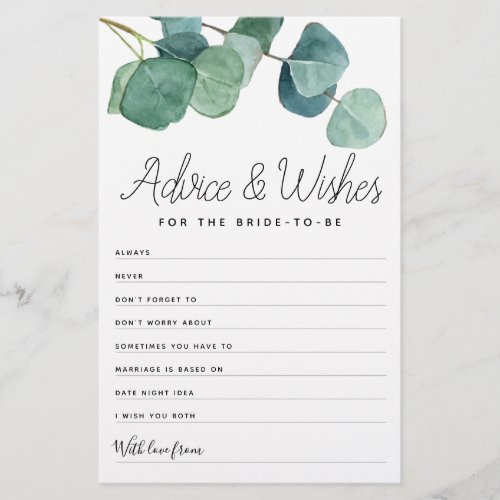 Eucalyptus Bridal Shower Advice Wishes Card