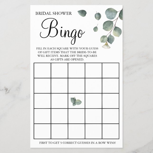 Eucalyptus Bridal Shower Bingo game card Flyer (Front)