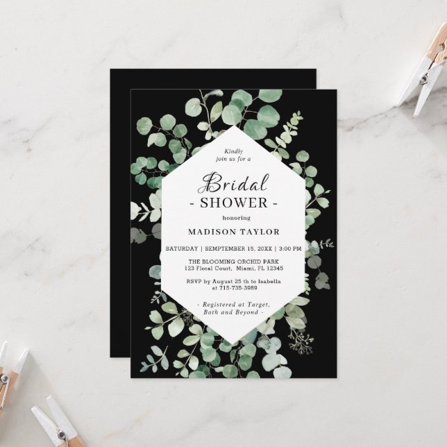 Eucalyptus Bridal Shower Black Invitation (Front/Back In Situ)
