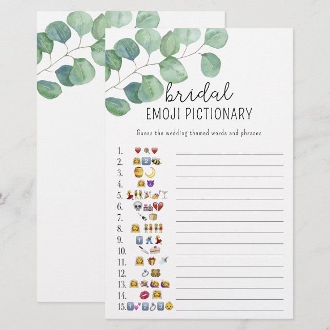 Eucalyptus - bridal shower emoji pictionary game (Front/Back)