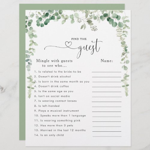 Eucalyptus Bridal Shower Find the Guest Game