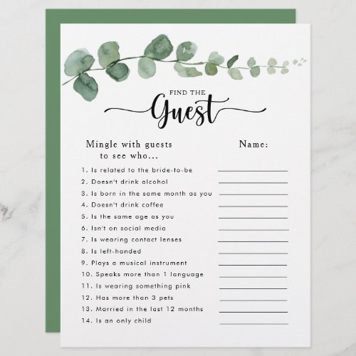 Eucalyptus Bridal Shower Find the Guest Game