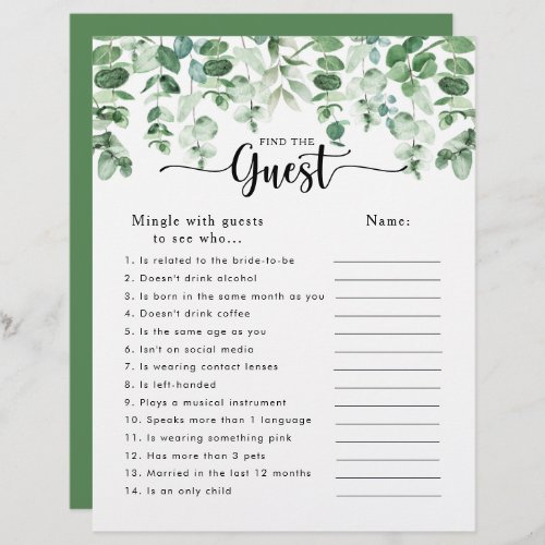 Eucalyptus Bridal Shower Find the Guest Game