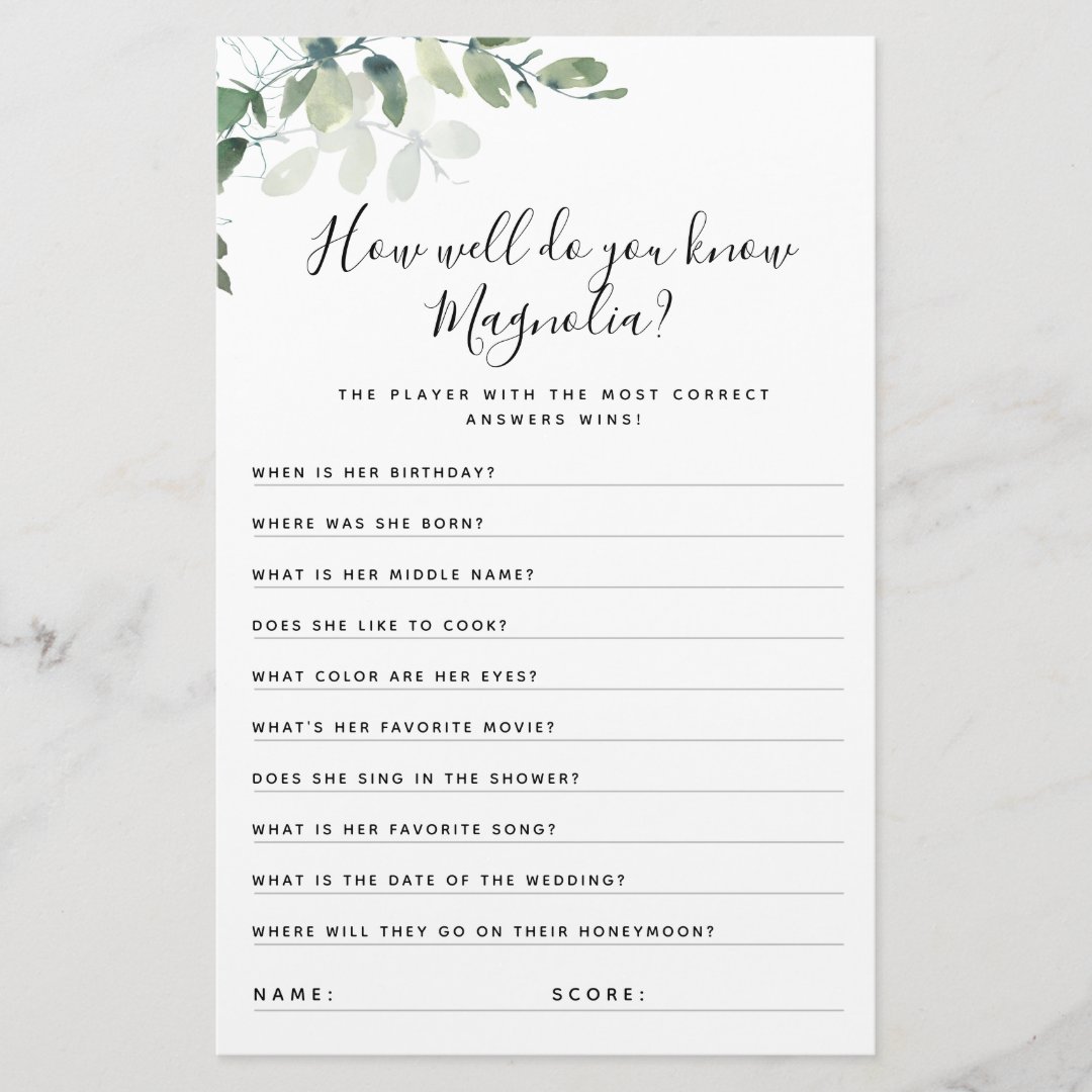 Eucalyptus Bridal Shower Game Zazzle