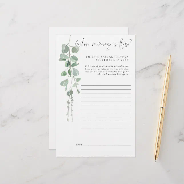 Eucalyptus Bridal Shower Game Whose Memory Is This Stationery Zazzle