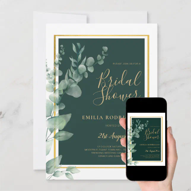 Eucalyptus BRIDAL SHOWER Greenery Gold QR Code Inv Invitation | Zazzle