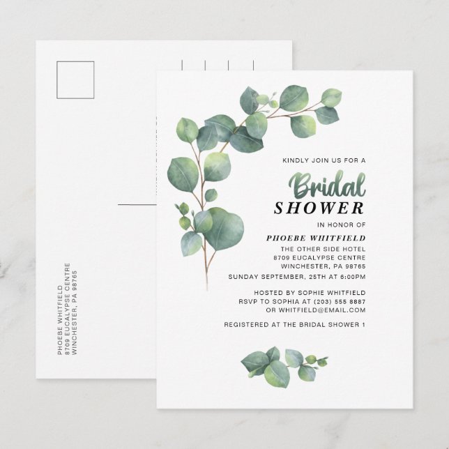 Eucalyptus Bridal Shower Greenery Succulent Invitation Postcard (Front/Back)