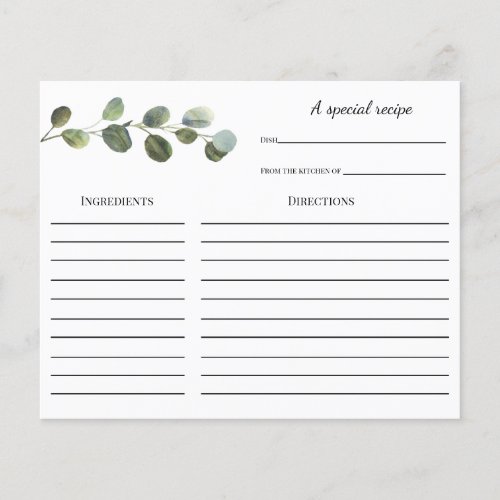 Eucalyptus Bridal Shower Recipe card