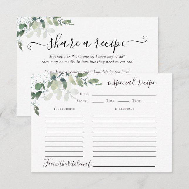 Eucalyptus Bridal Shower Recipe Card with Poem (Front/Back)