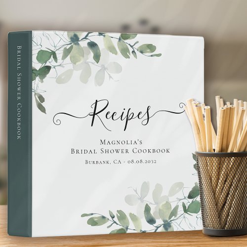 Eucalyptus Bridal Shower Recipe Cookbook 3 Ring Binder