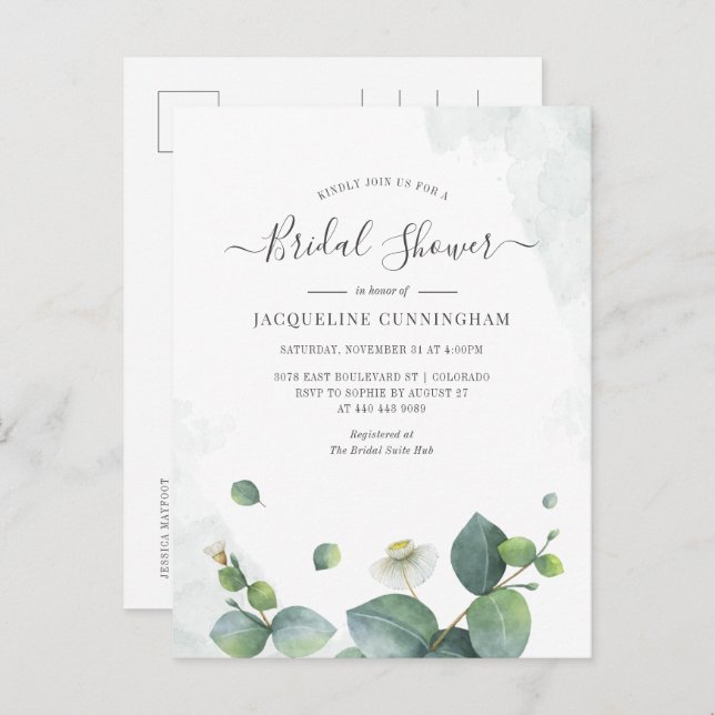 Eucalyptus Bridal Shower Script Succulent Greenery Invitation Postcard (Front/Back)