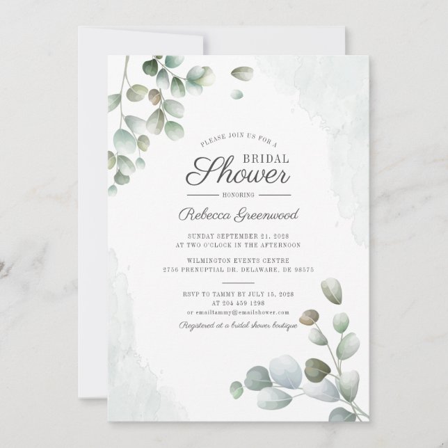Eucalyptus Bridal Shower Watercolor Succulent Invitation (Front)