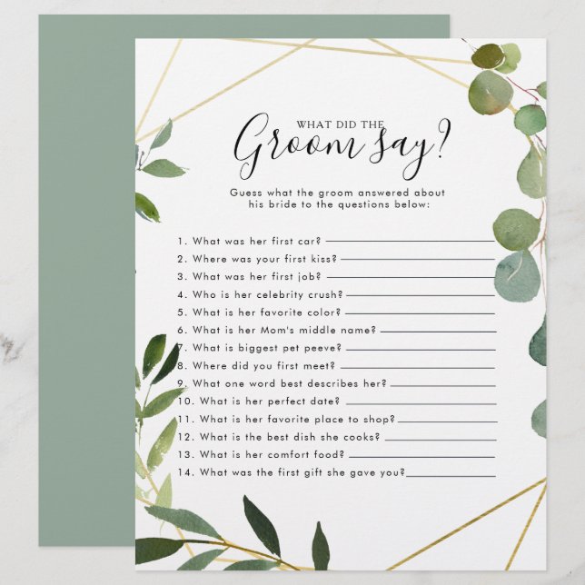 Eucalyptus Bridal Shower What did the Groom Say (Front/Back)