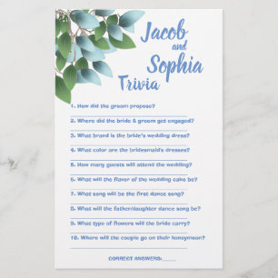 EUCALYPTUS BRIDE & GROOM TRIVIA SHOWER GAME CARD FLYER