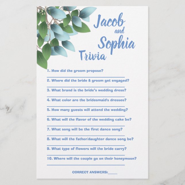 EUCALYPTUS BRIDE & GROOM TRIVIA SHOWER GAME CARD FLYER (Front)