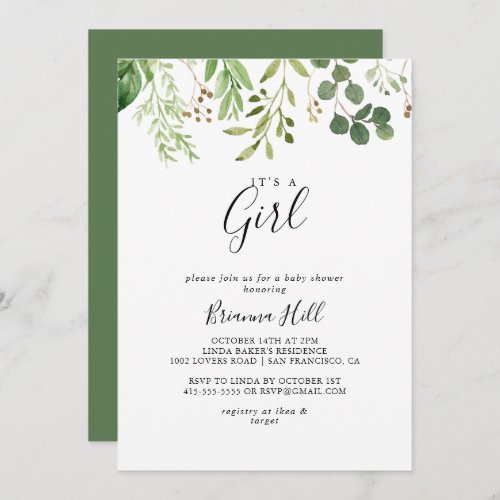 Eucalyptus Brown Floral Its A Girl Baby Shower Invitation