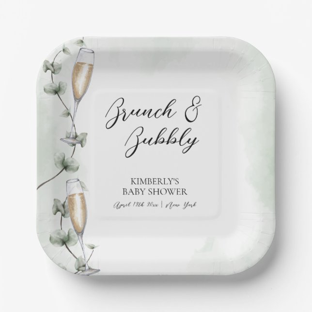 Eucalyptus Brunch Champagne Garden Baby Shower Paper Plates (Front)