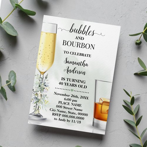 Eucalyptus Bubbles and Bourbon Adults Birthday Invitation