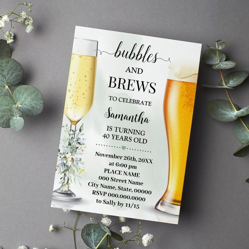 Eucalyptus Bubbles and Brews Adults Birthday Invitation