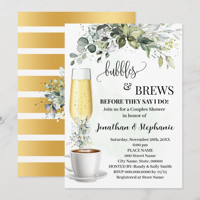 Eucalyptus Bubbles and Brews Coffee Shower Invitation (Front/Back)