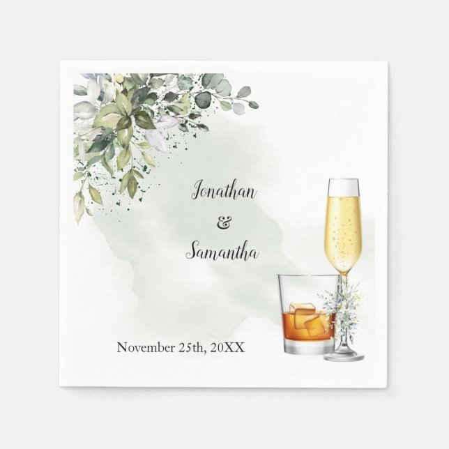 Eucalyptus Bubbles & Bourbon Wedding Napkins (Front)