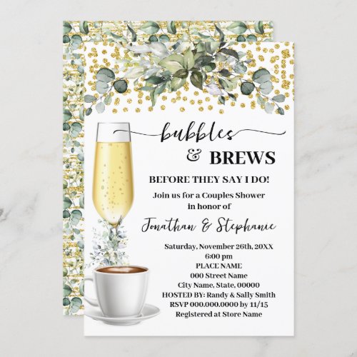 Eucalyptus Bubbles  Brews Coffee Bridal Shower Invitation