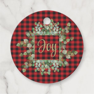  Eucalyptus Buffalo Check Black Red Gold Glitter Favor Tags