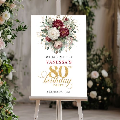Eucalyptus Burgundy 80th Birthday Welcome Sign