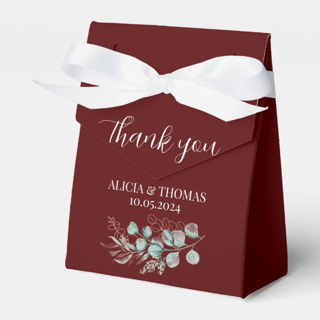Eucalyptus Burgundy Botanical Initials Wedding  Favor Boxes (Front Side)