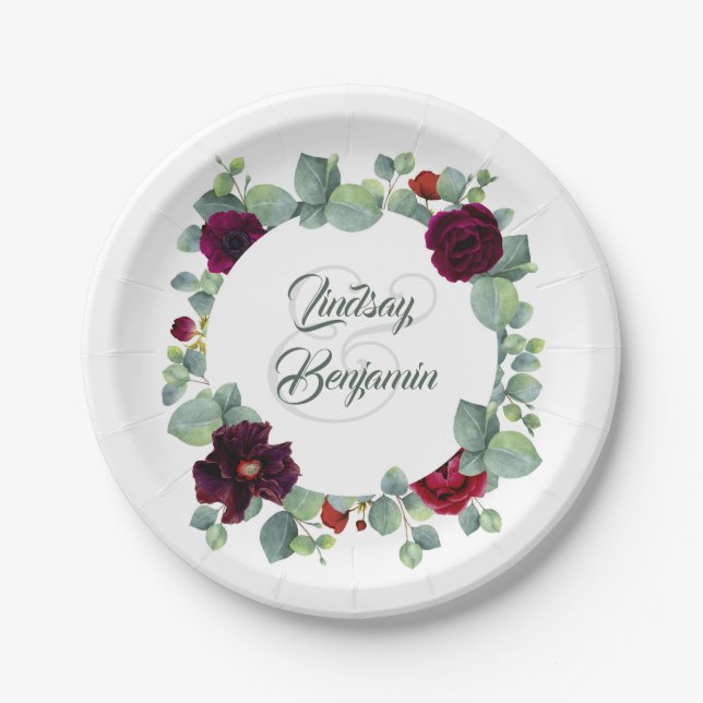 Eucalyptus Burgundy Red Flowers Greenery Wedding Paper Plates (Front)