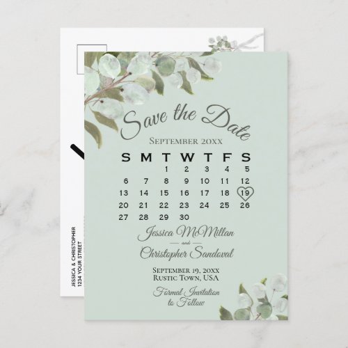 Eucalyptus Calendar Mint Wedding Save the Date Announcement Postcard