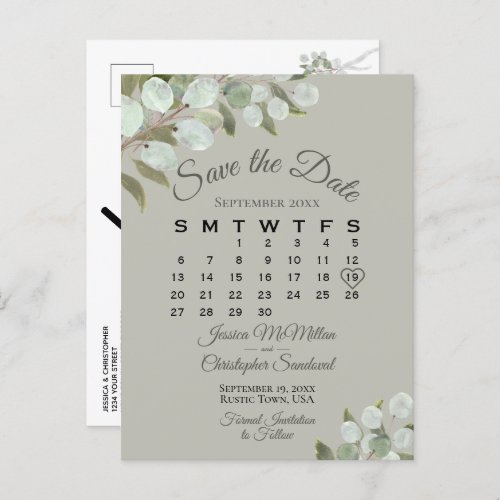 Eucalyptus Calendar Sage Wedding Save the Date Announcement Postcard