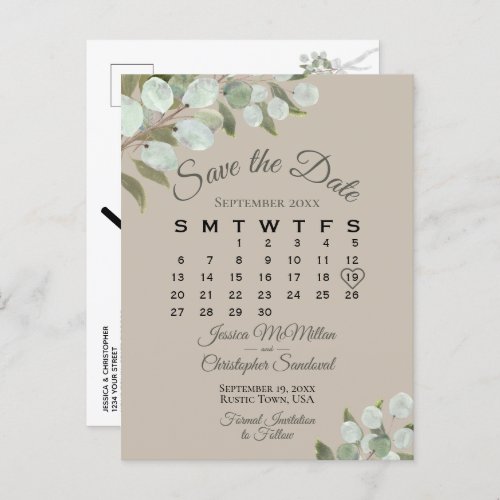 Eucalyptus Calendar Taupe Wedding Save the Date Announcement Postcard
