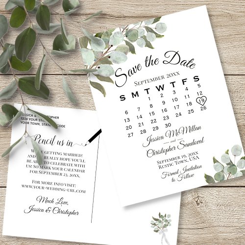 Eucalyptus Calendar White Wedding Save the Date Announcement Postcard