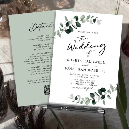 Eucalyptus Calligraphy All in One QR Code Wedding Invitation