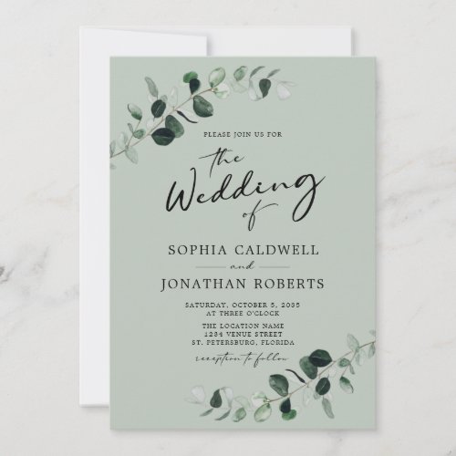 Eucalyptus Calligraphy All in One Sage Wedding Invitation