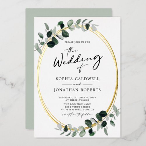 Eucalyptus Calligraphy All in One Wedding Gold Foil Invitation