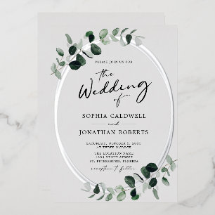 Eucalyptus Calligraphy All in One Wedding Silver Foil Invitation